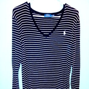 Ralph Lauren Black and White Striped V-Neck Sweater